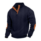 Herren nan Zopfmuster-Pullover mit Stehkragen, halber Knopfleiste und Ellbogenpatches R&B