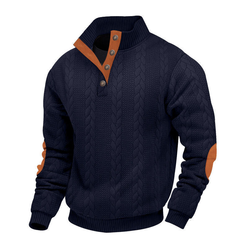 Herren nan Zopfmuster-Pullover mit Stehkragen, halber Knopfleiste und Ellbogenpatches R&B