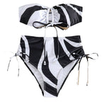 Damen Bandeau-Bikini mit verstellbaren Schnürdetails und modischem Muster R&B
