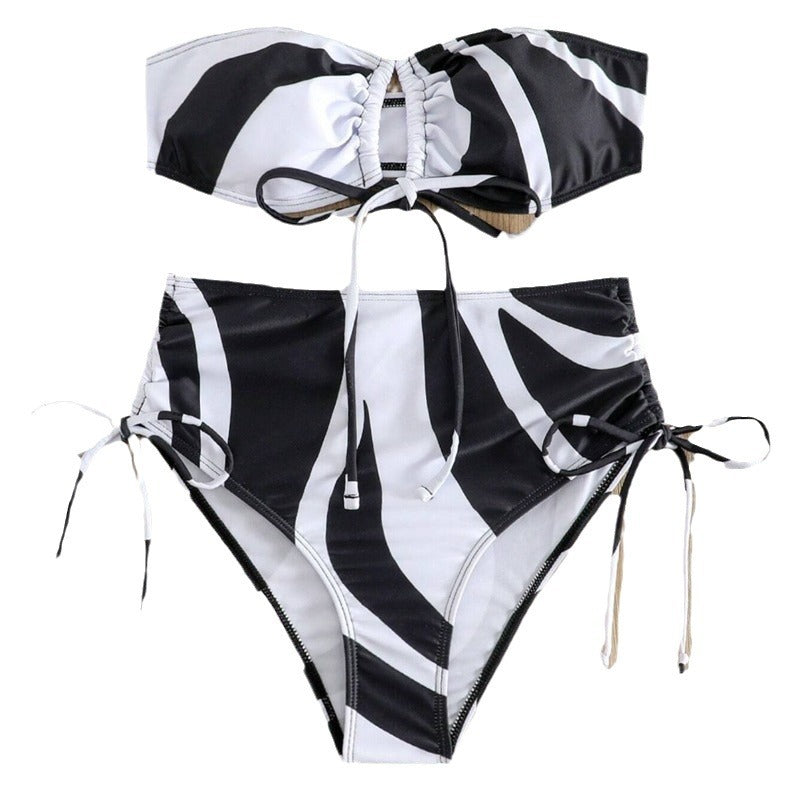 Damen Bandeau-Bikini mit verstellbaren Schnürdetails und modischem Muster R&B