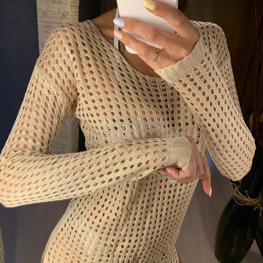 Damen gestricktes Netzkleid mit langem Arm und seitlichen Schlitzen R&B