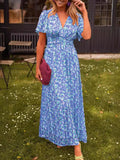 Damen Maxikleid mit floraler Raffung und V-Ausschnitt