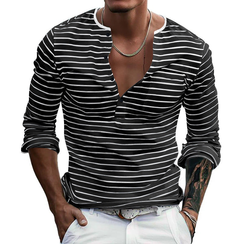 Herren Langarm-Henley-Shirt mit modischem Streifenmuster R&B