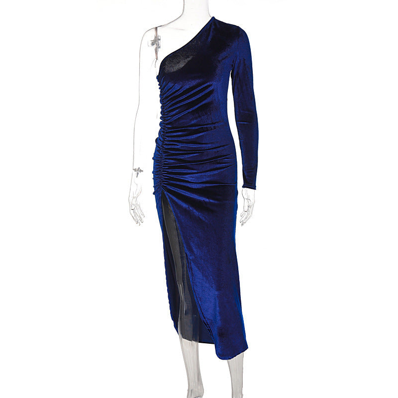 Damen stilvolles Ein-Schulter-Kleid mit Raffungen und Schlitz R&B