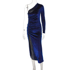 Damen stilvolles Ein-Schulter-Kleid mit Raffungen und Schlitz R&B