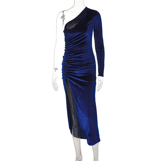 Damen stilvolles Ein-Schulter-Kleid mit Raffungen und Schlitz R&B