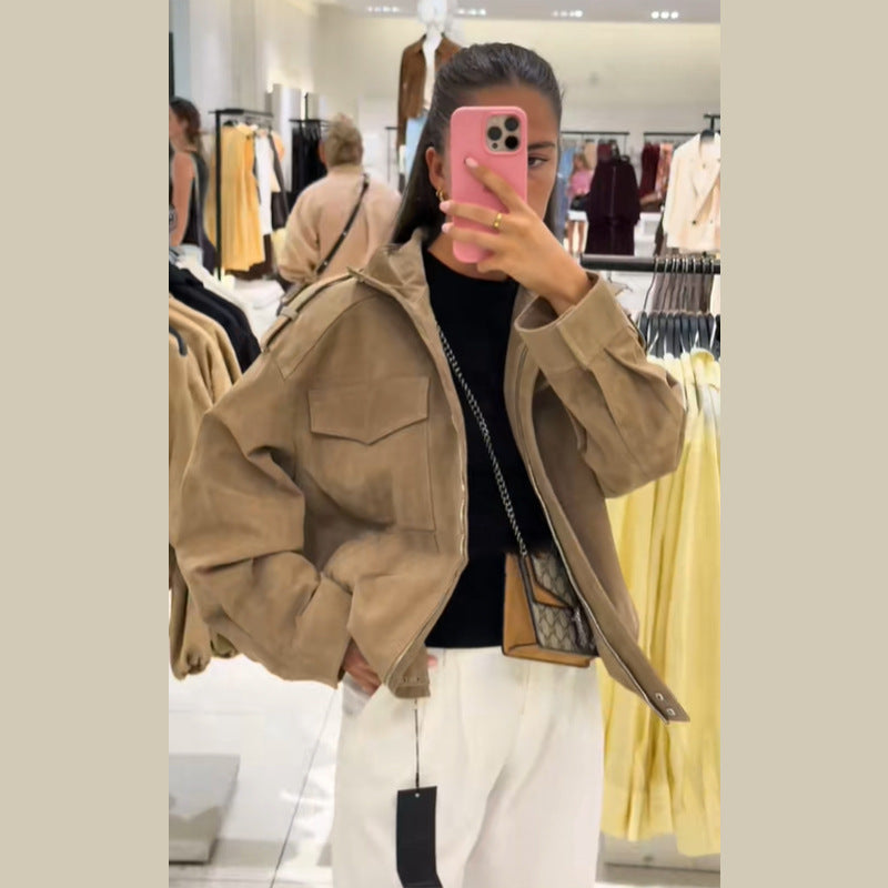 Damen Lässige Wildlederjacke mit praktischen Taschen und modernem Schnitt R&B