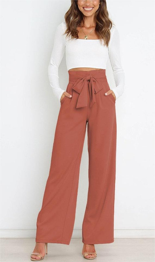Damen Weit geschnittene High-Waist-Hose mit Binde-Gürtel und Taschen R&B