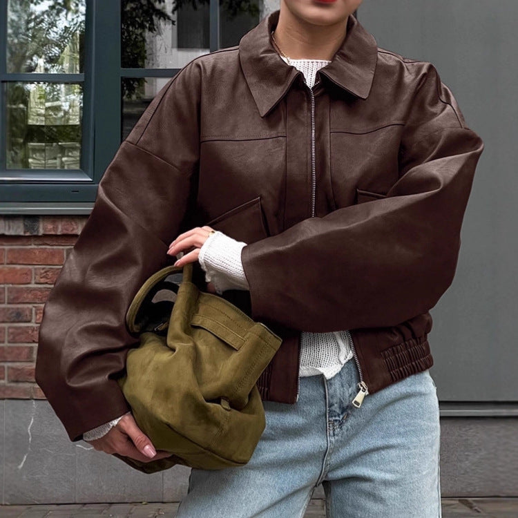 Damen Kunstlederjacke im leicht Oversized-Schnitt mit praktischen Taschen und elastischer Taille R&B