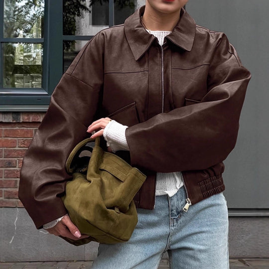 Damen Kunstlederjacke im leicht Oversized-Schnitt mit praktischen Taschen und elastischer Taille R&B