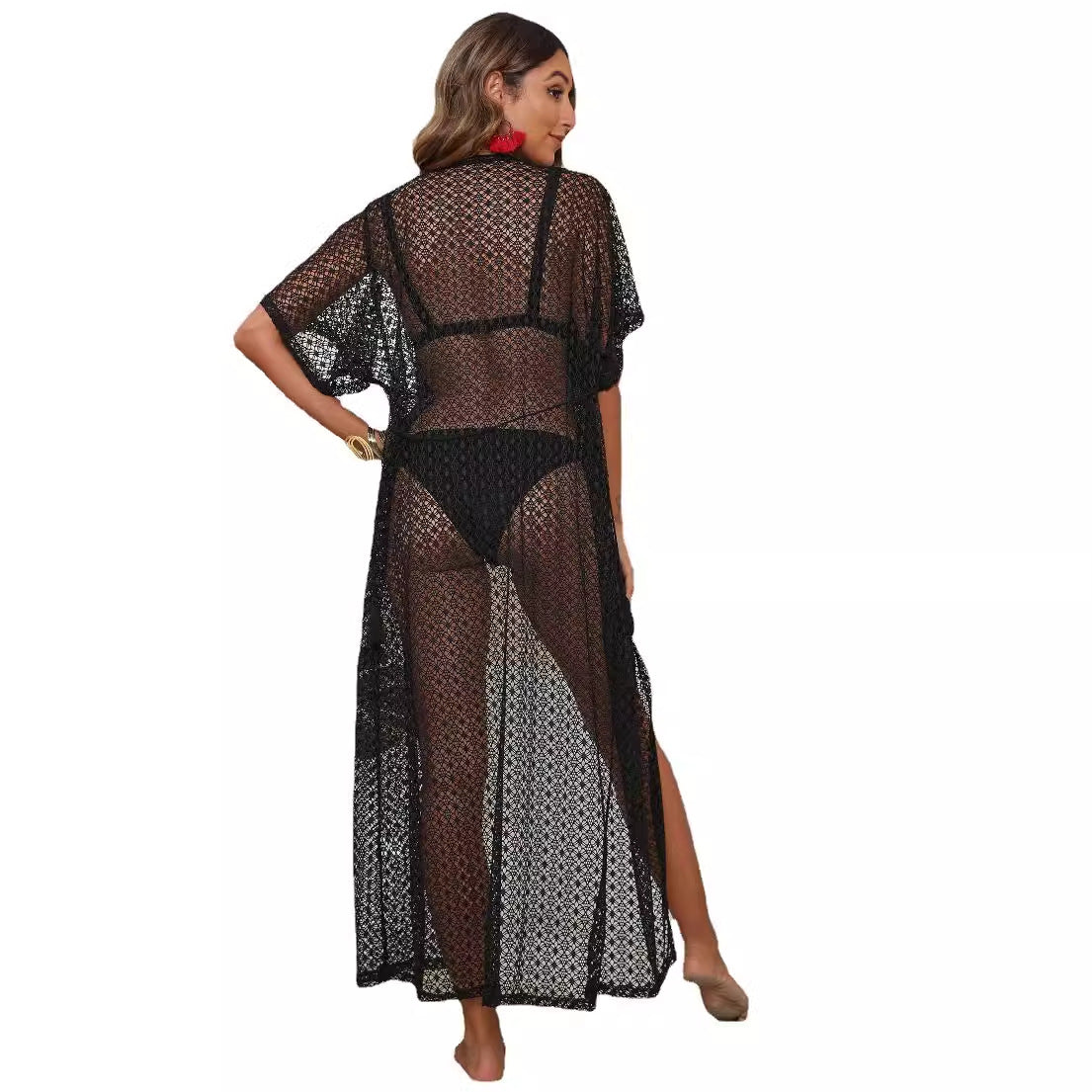 Damen luftiger Häkel-Strandüberwurf mit elegantem V-Ausschnitt R&B