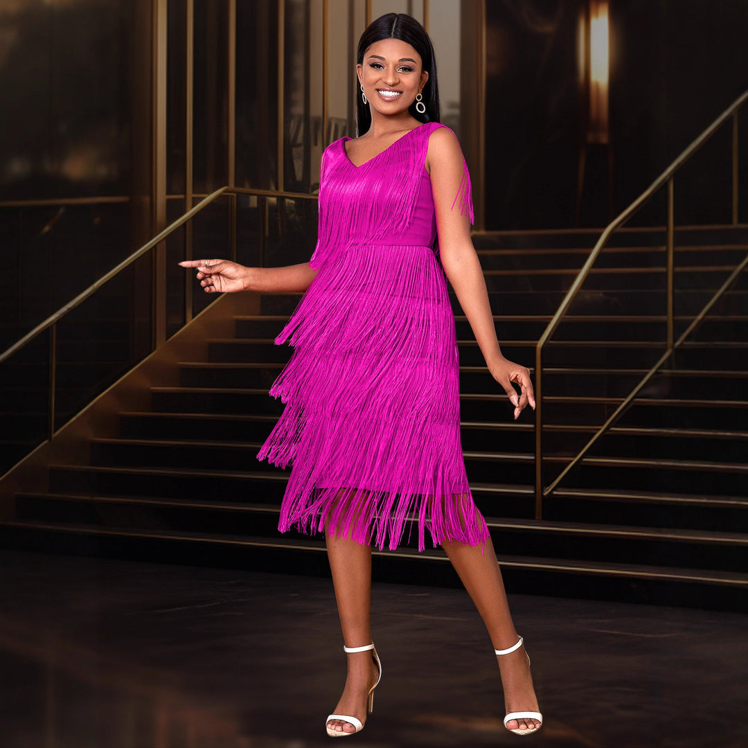 Damen elegantes Fransenkleid mit V-Ausschnitt R&B