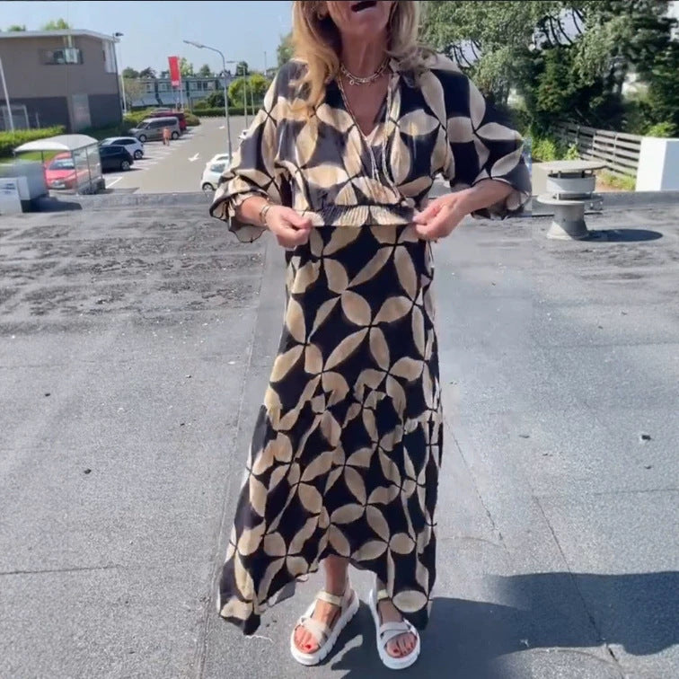 Damen nan Maxikleid mit geometrischem Alloverprint, smockierter Taille und Volantstufen R&B