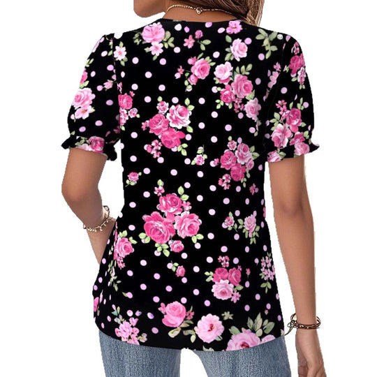Damen nan V-Ausschnitt-Bluse mit Spitzenborte, Puffärmeln und floralem Punktmuster R&B