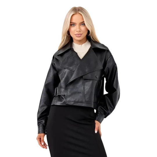 Damen Cropped Bikerjacke aus Kunstleder mit oversized Schnitt und strukturierten Details R&B