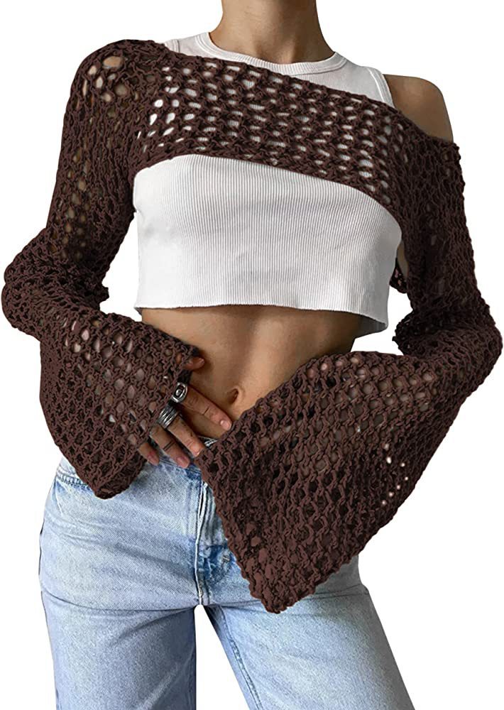 Damen gehäkeltes Langarm-Top mit Off-Shoulder-Design R&B