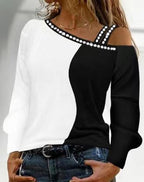 Damen Trendy Asymmetrisches Oberteil mit Strassbesatz R&B
