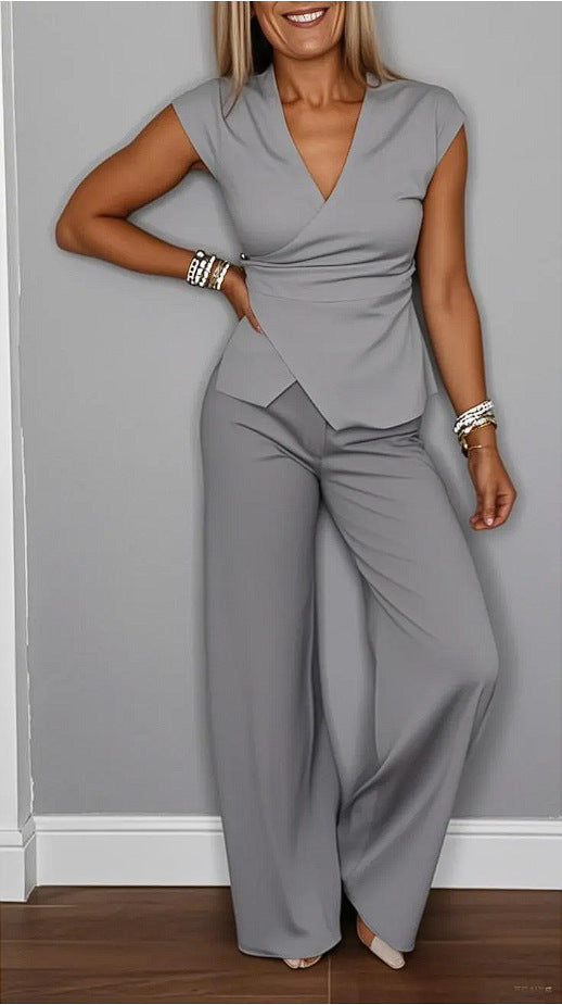 Damen elegantes Wickeloberteil mit weit geschnittenen Hosen R&B