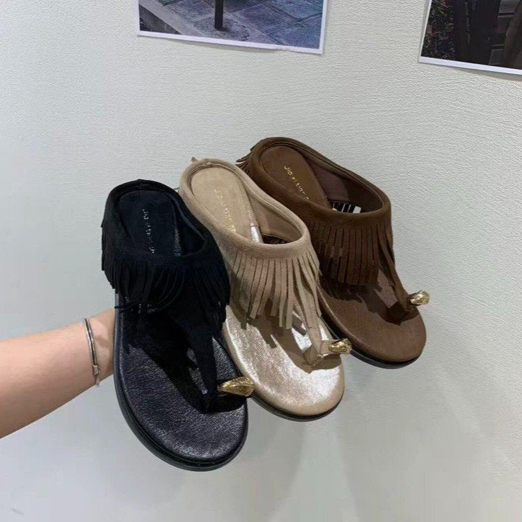 Damen elegante Flip-Flops mit fransiger Lederoptik und komfortablem Fußbett R&B