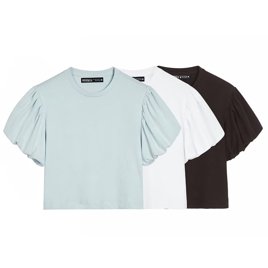 Damen modisches Crop-Top mit voluminösen Puffärmeln R&B