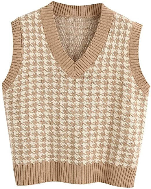 Damen ärmellose Strickweste mit modernem Hahnentrittmuster R&B
