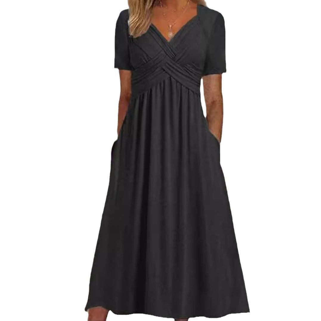 Damen nan luftiges Midikleid mit V-Ausschnitt Wickeloptik Empire-Taille und Taschen R&B