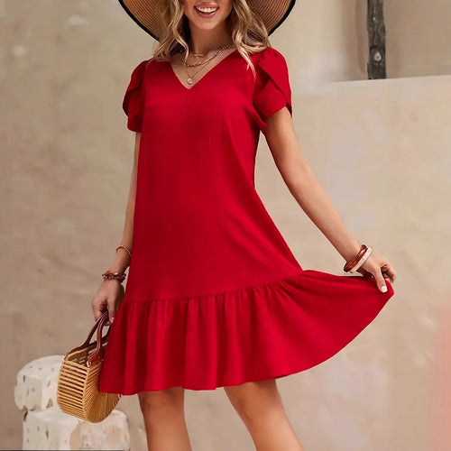 Damen Verspieltes V-Ausschnitt Kleid mit Rüschen und fließendem Schnitt R&B