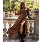 Damen Langärmliges Maxikleid mit Taillengürtel und eleganten Rüschendetails R&B