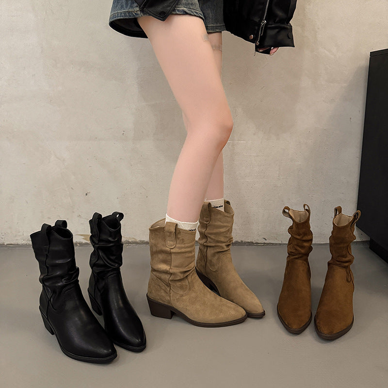 Damen Cowboy-Stiefel mit modischem Falten-Design und komfortablem Blockabsatz R&B
