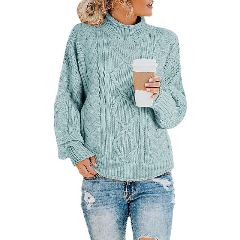 Damen Grobstrickpullover mit hohem Kragen und Zopfmuster