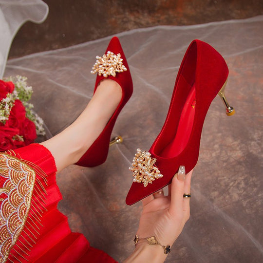 Damen elegante Velours-Pumps mit luxuriösem Perlen-Schmuckdetail R&B