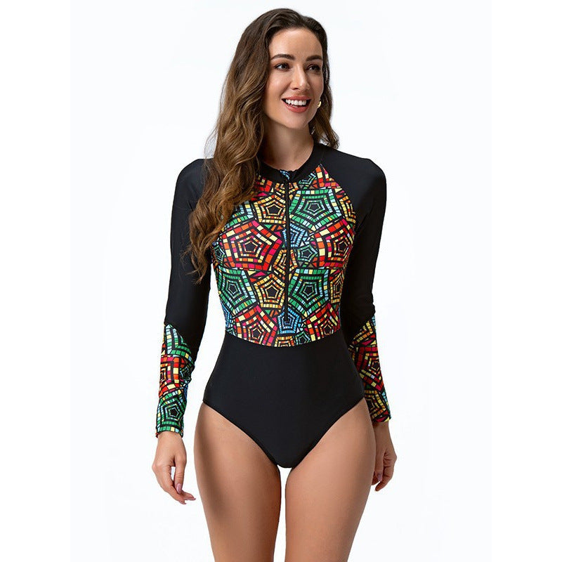 Damen Langarm-Surfanzug mit stylischem Reißverschluss und buntem Muster R&B