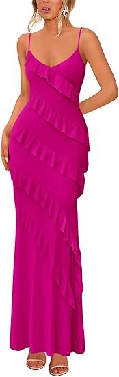 Damen Maxikleid mit Rüschen und Spaghettiträgern R&B