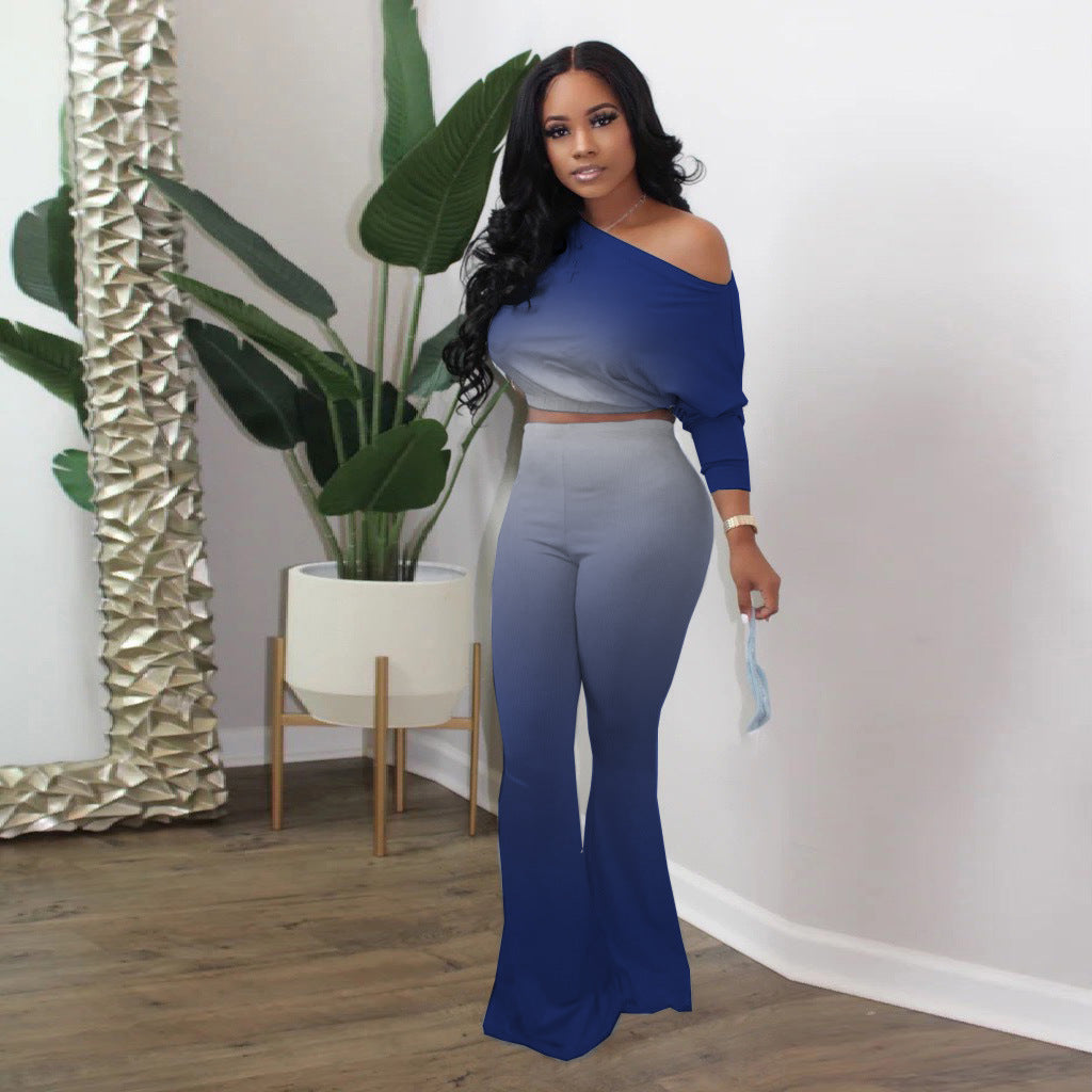 Damen Lässiges Ombre Set mit stilvollem Off-Shoulder Oberteil und figurbetonten Hosen R&B