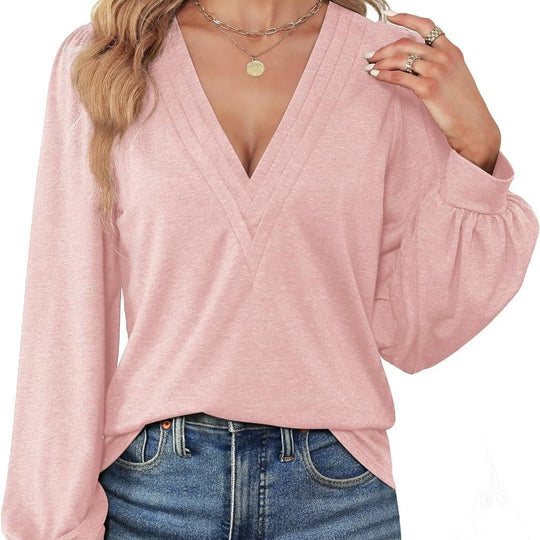 Damen Elegantes Blusenshirt mit V-Ausschnitt und puffförmigen Ärmeln R&B