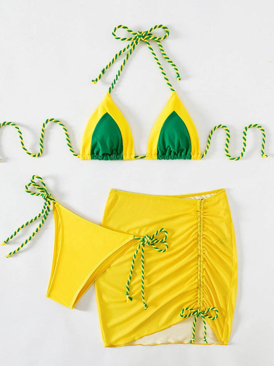 Damen Triangel-Bikini mit Wickelrock und Bänder R&B