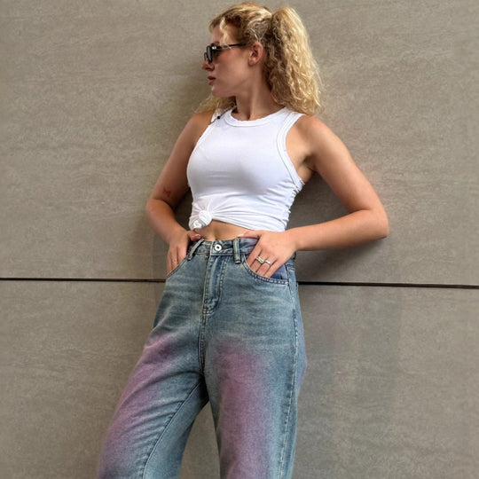 Damen Wide-Leg Jeans mit farbverlaufendem Design und hohem Bund R&B
