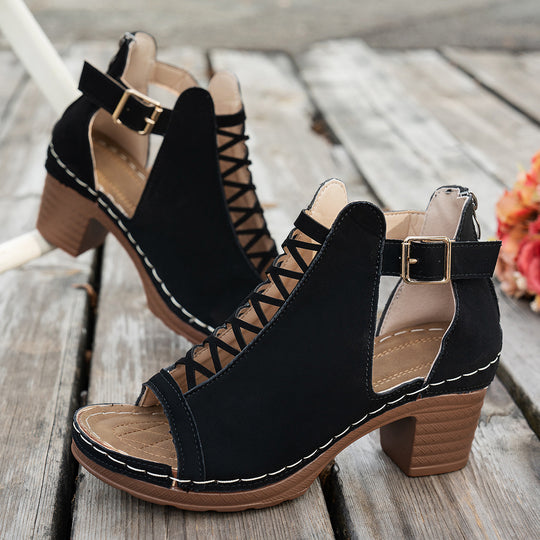 Damen Elegante und modische Schnürsandalen mit Blockabsatz R&B