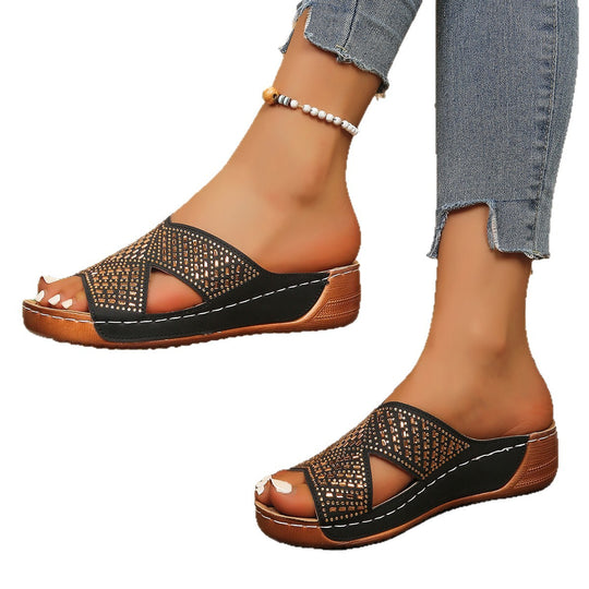 Damen Bequeme Zehentrenner-Pantoletten mit modischem Gewebe-Overlay R&B