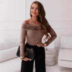 Damen Off-Shoulder Top mit Spitzenbesatz und langem Arm R&B