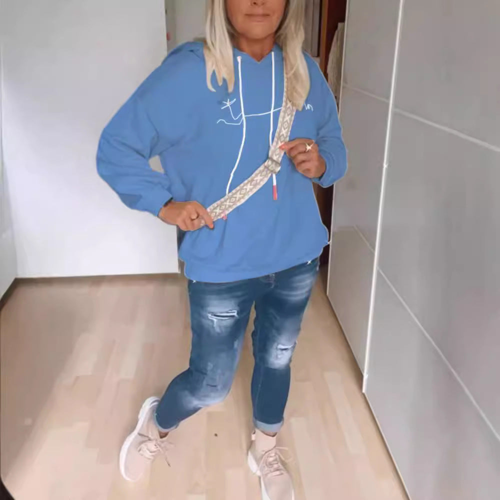 Damen nan lässiger Kapuzenpullover mit minimalistischer Liniengrafik, Kordelzug und geripptem Saum R&B
