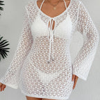 Damen Häkel-Strandkleid mit tiefem V-Ausschnitt und breiten Ärmeln R&B