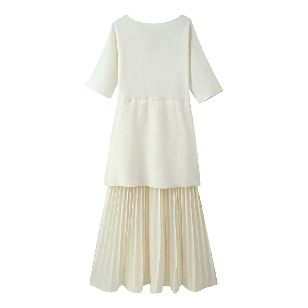 Damen plissiertes Midi-Kleid mit eleganter Knopfleiste und V-Ausschnitt R&B