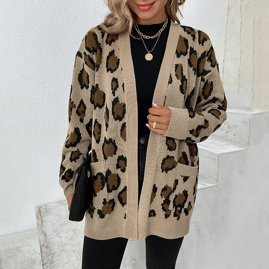 Damen modische Strickjacke mit Leopardenmuster und praktischen Taschen R&B