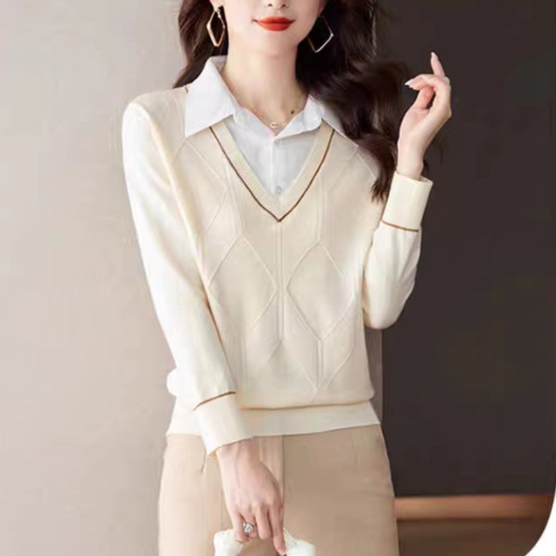 Damen gestrickter Pullover mit v-ausschnitt und strukturiertem Diamantmuster R&B
