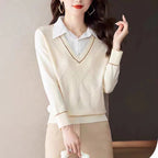 Damen gestrickter Pullover mit v-ausschnitt und strukturiertem Diamantmuster R&B