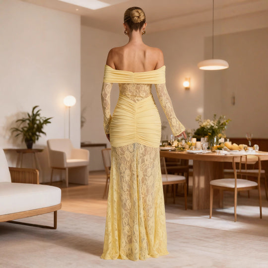 Damen Elegantes Spitzen Abendkleid mit schulterfreier Silhouette und raffinierten Rüschendetails R&B
