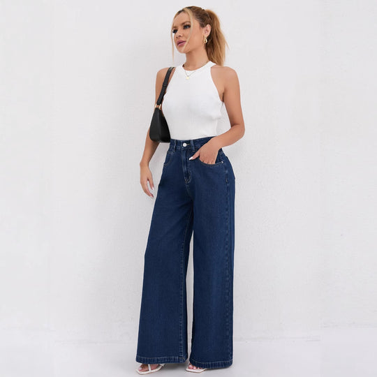Damen Weite Denim-Jeans mit hoch tailliertem Schnitt und trendigen Details R&B