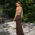 Damen Elegantes Spaghettiträger-Maxikleid mit tiefem V-Ausschnitt und figurbetontem Schnitt R&B