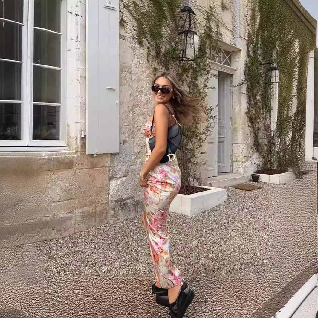 Damen bodenlanges Blumen-Minikleid mit Spaghettiträgern und Raffungen R&B